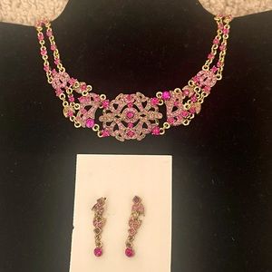 Magenta Rhinestone Choker 16” Necklace with Matching Drop Earrings 1”